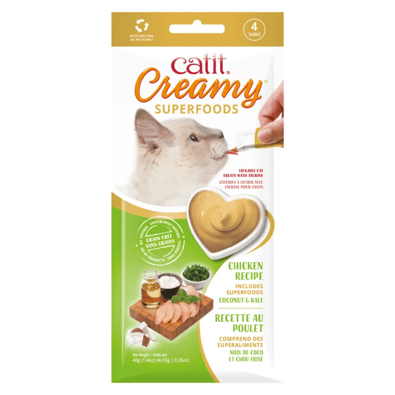 Lickable Cat Treat - Creamy SUPERFOODS - Chicken Recipe with Coconut & Kale - 10 g tube, pack of 4