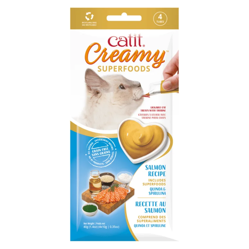 Lickable Cat Treat - Creamy SUPERFOODS - Salmon Recipe with Quinoa & Spirulina - 10 g tube, pack of 4